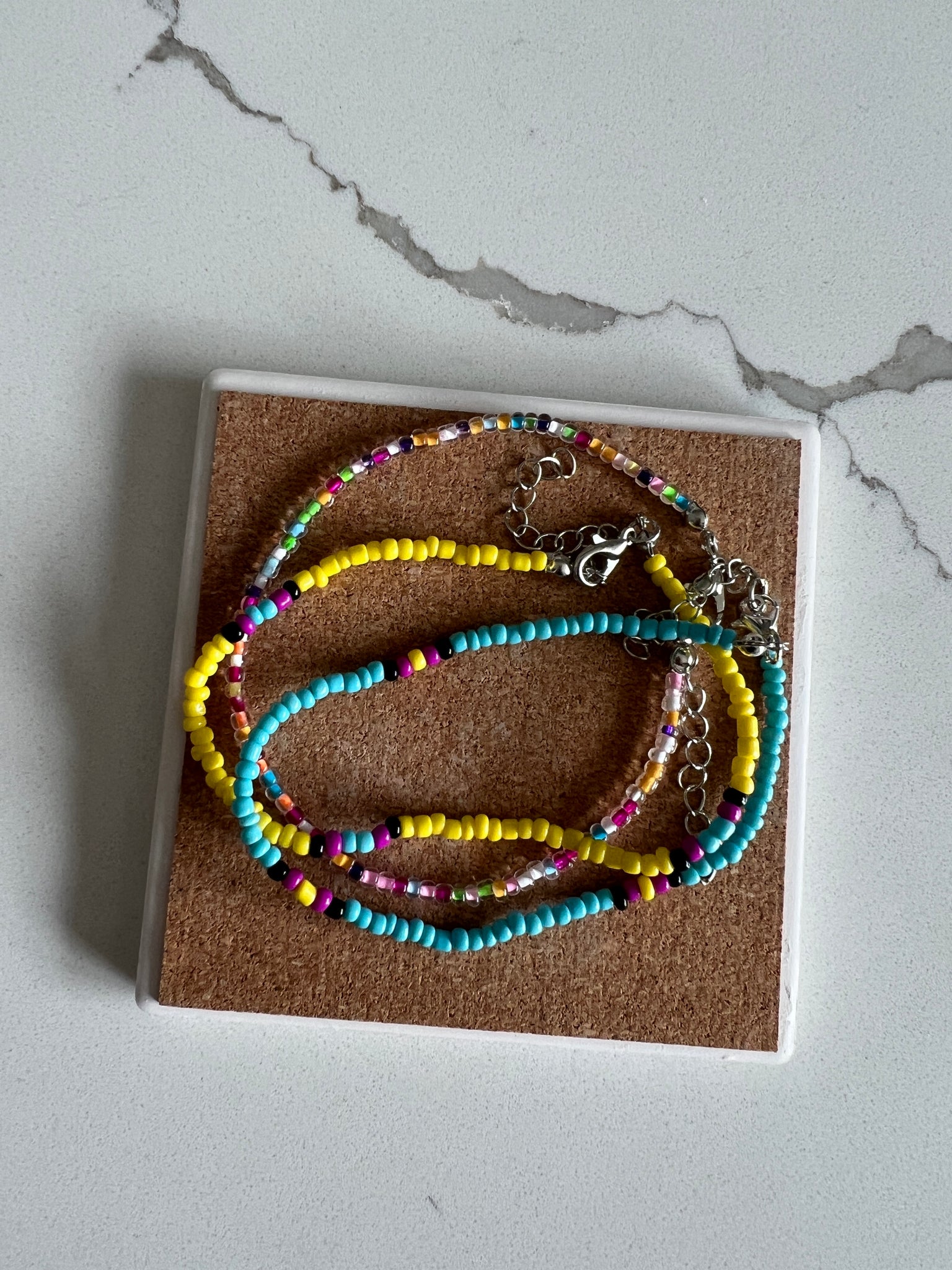 Teal and Yellow beaded anklet