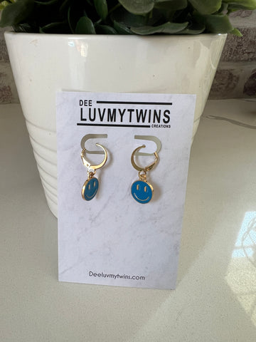 Blue smiley face hanging earrings