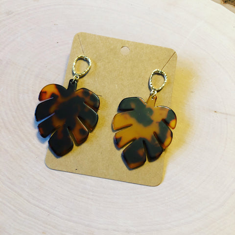 Brown, Black and Gold Monstera Earrings