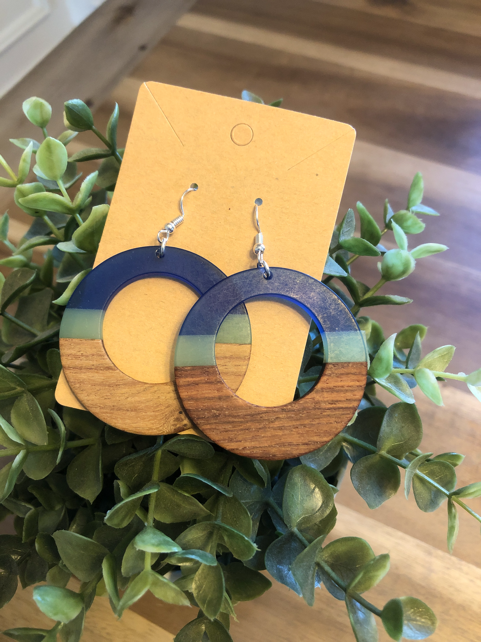 Wood and  Blue Earrings