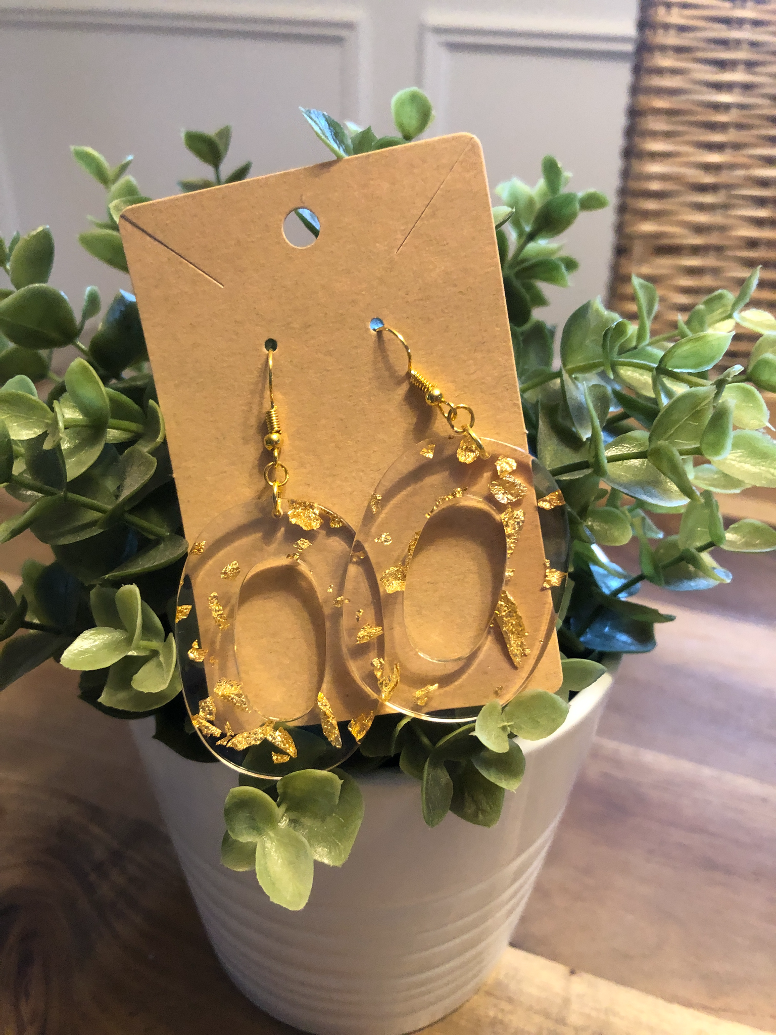 Gold Foil Hanging Oval Earrings