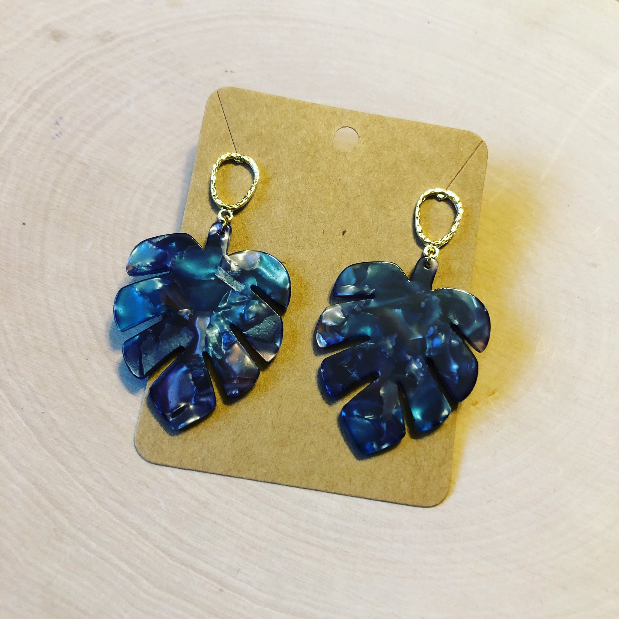 Blue and Gold Monstera Earrings