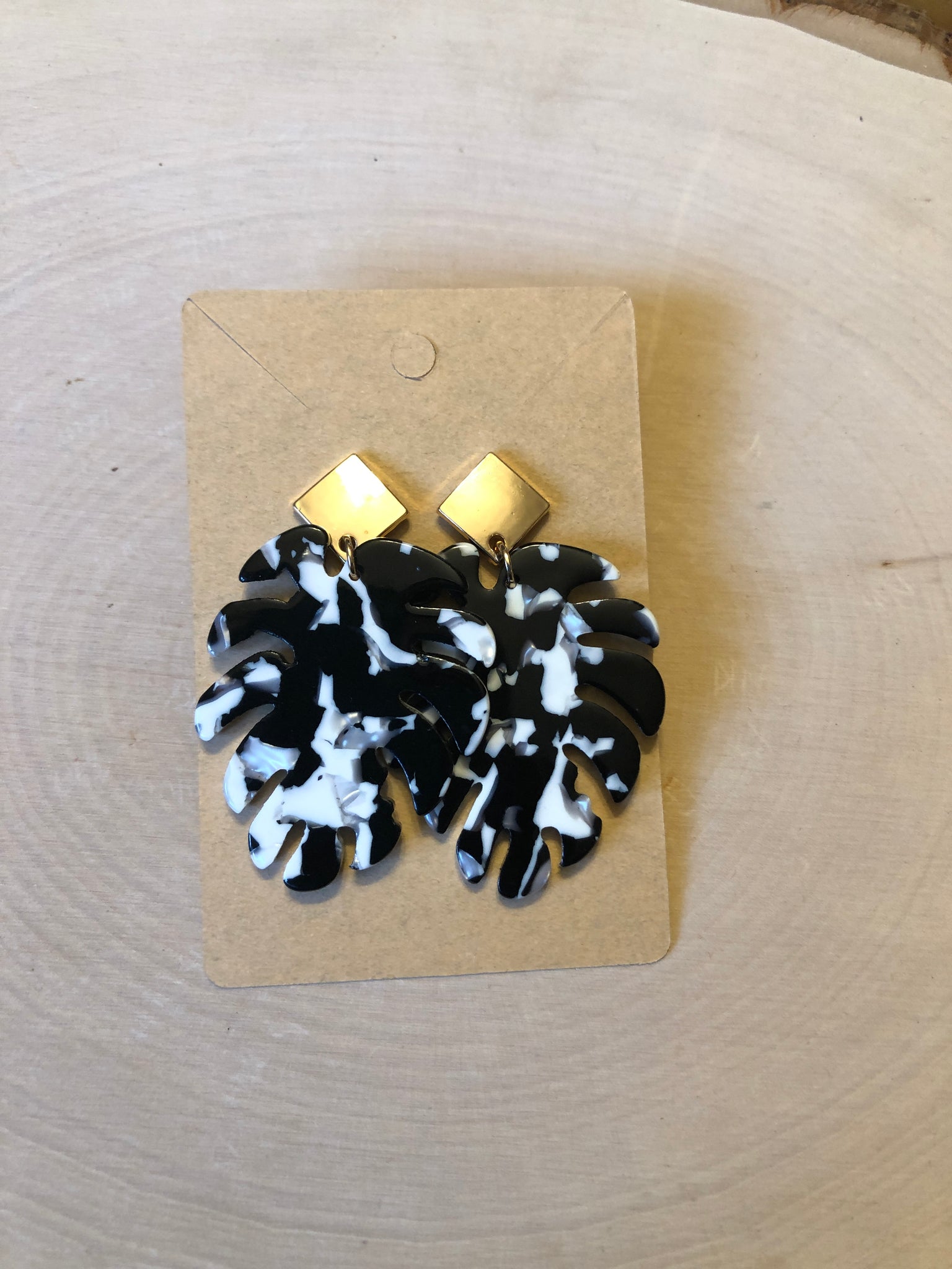 Black and White Gold Monstera Earrings