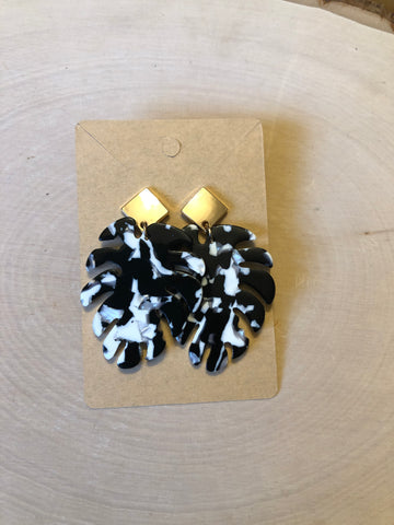 Black and White Gold Monstera Earrings