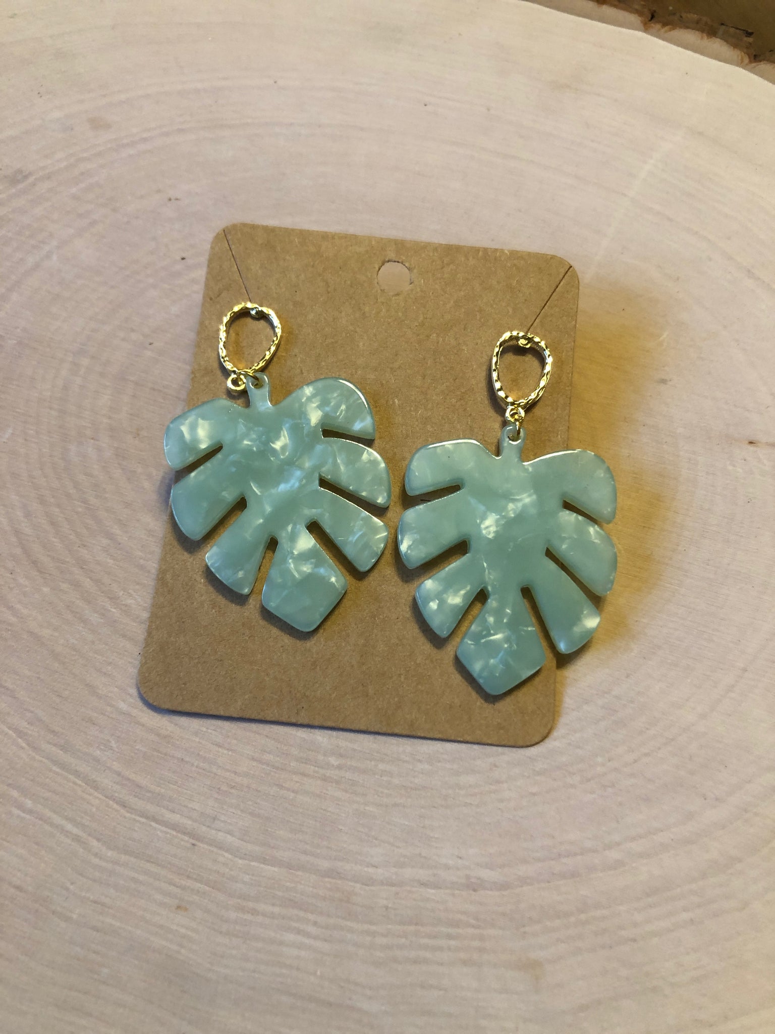 Mint and Gold Monstera Earrings