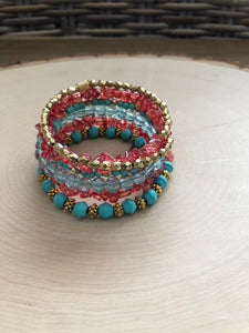 Turquoise and Coral Memory Wire Bracelet