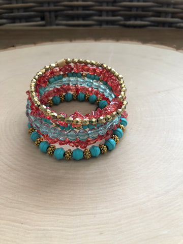 Turquoise and Coral Memory Wire Bracelet