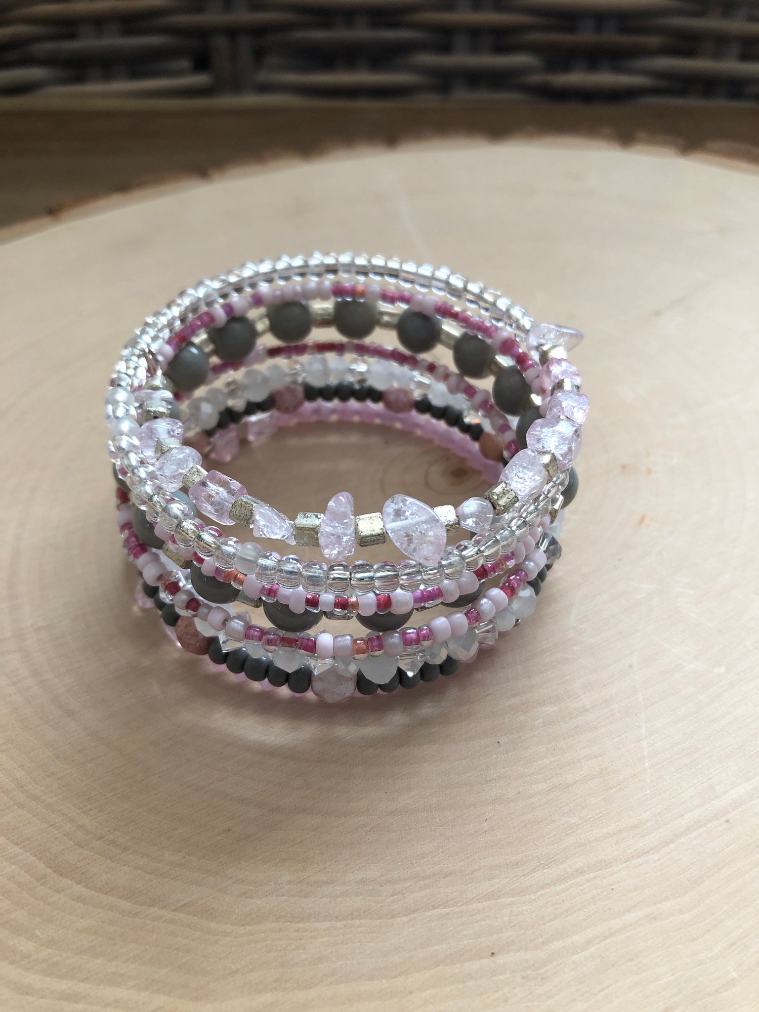 Pink and Grey Clear  Memory Wire Bracelet