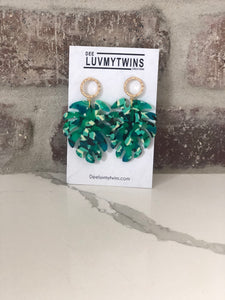 Gold & Green Monstera Hanging Earrings