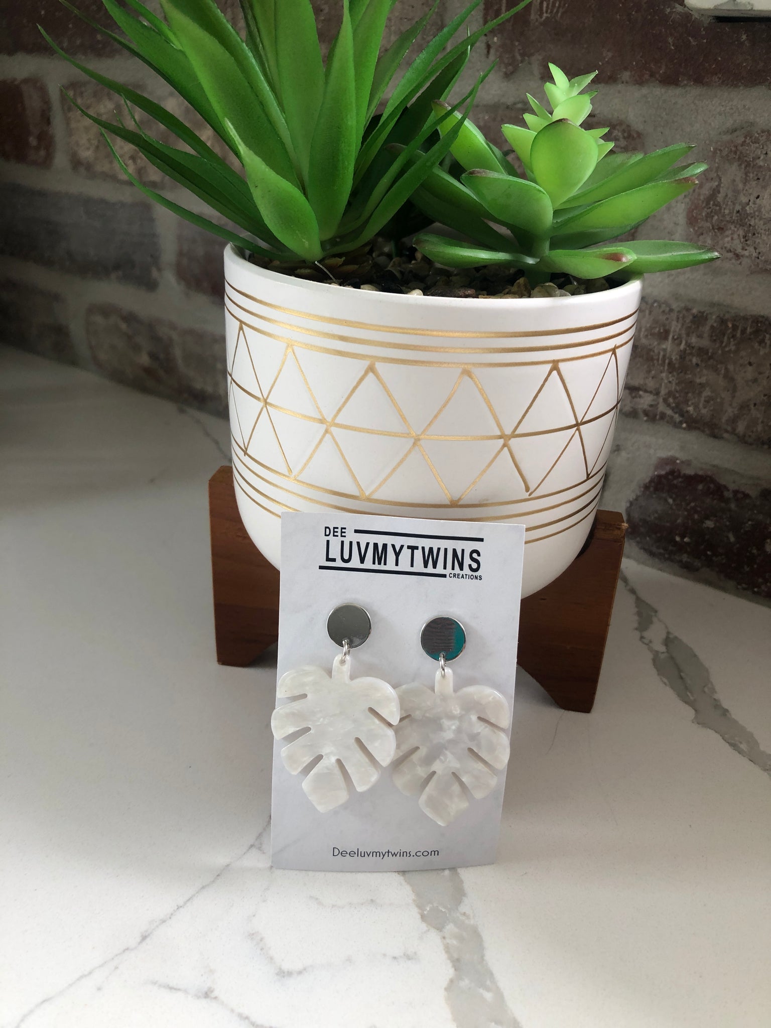 Simply white & Silver Monstera Hanging Earrings