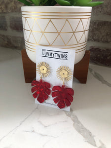 Sun Burst Gold & Red Hanging Earrings