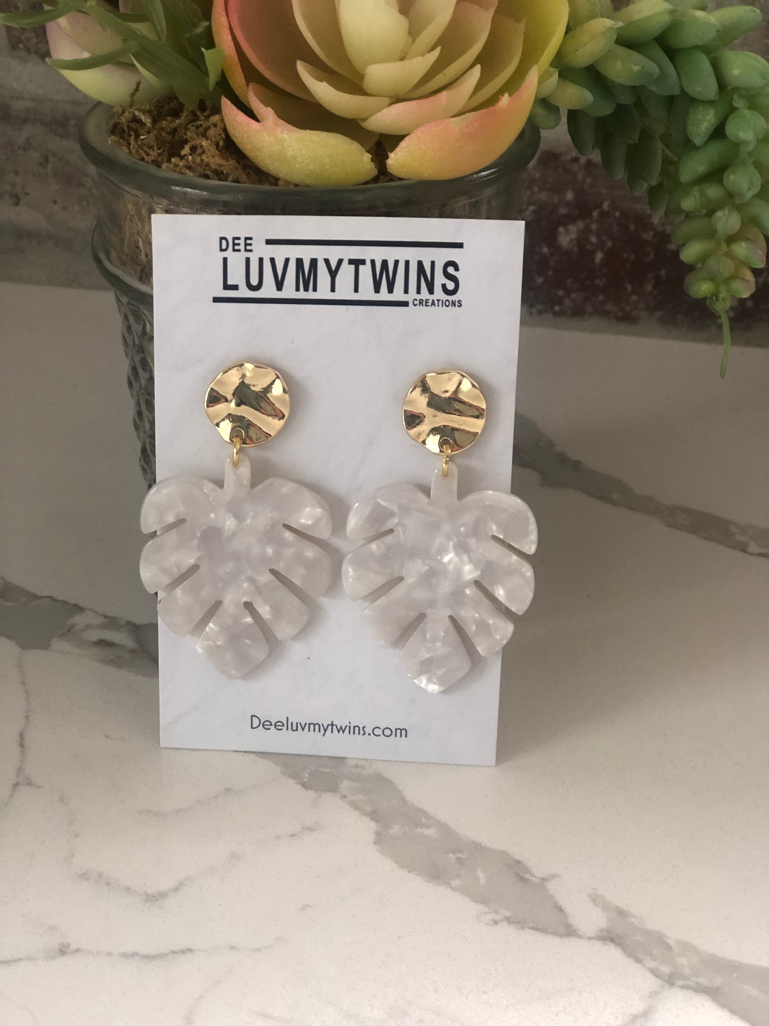 Gold & White Monstera Earrings