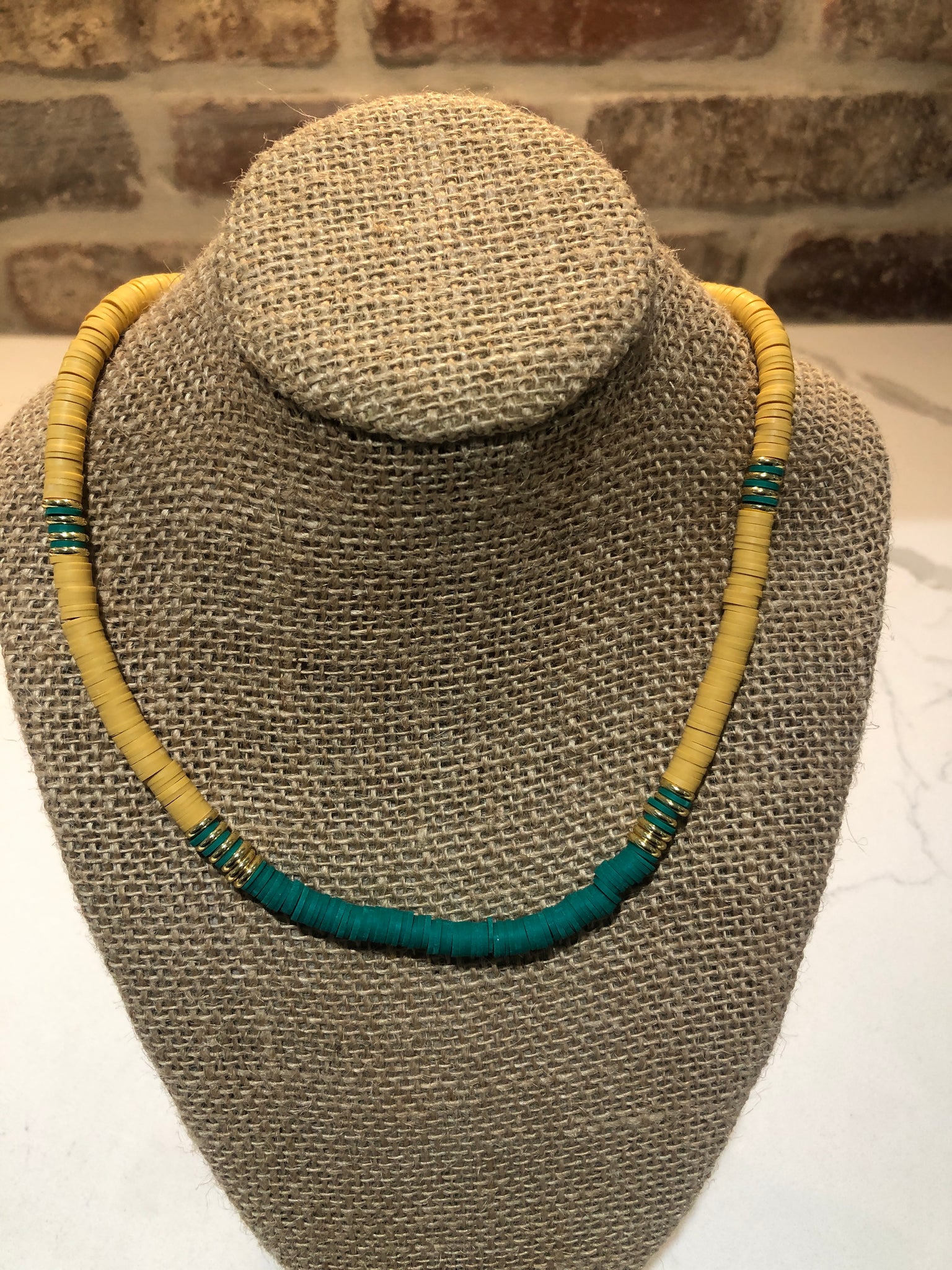 Green and Mustard Heshi Bead Necklace and Bracelet Set