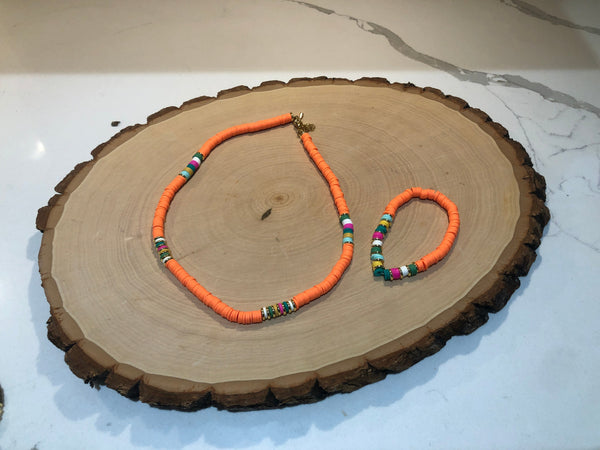 Orange Heshi Bead Necklace and Bracelet Set