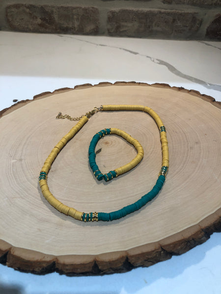 Green and Mustard Heshi Bead Necklace and Bracelet Set