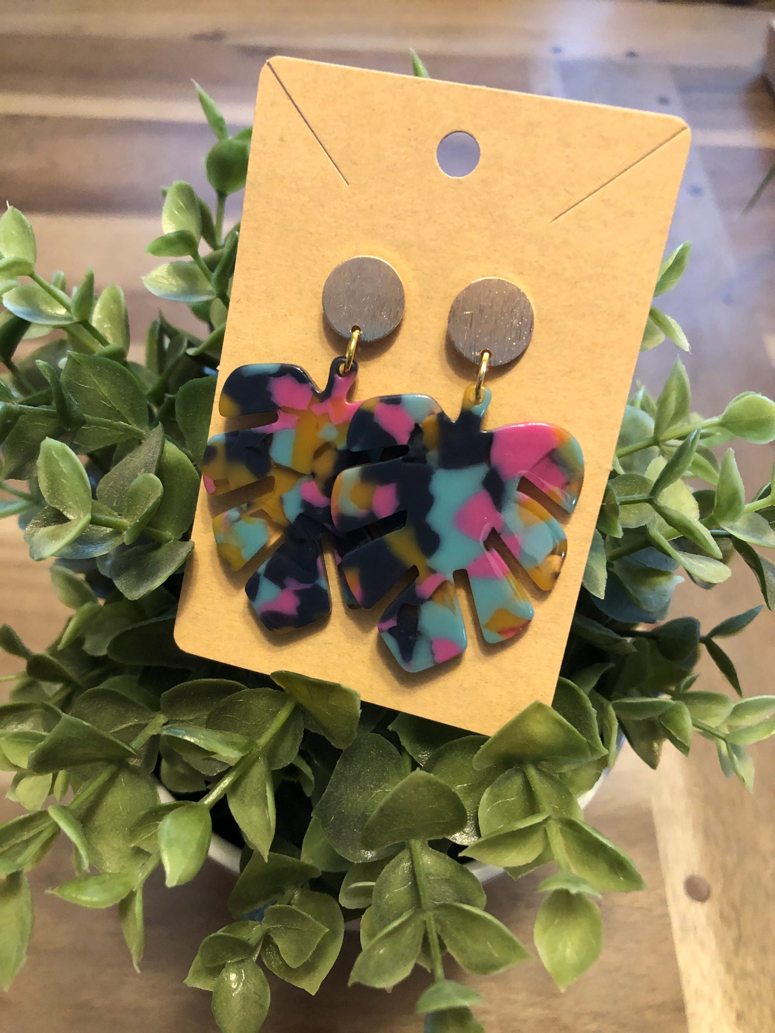 pink and Blue Monstera Earrings