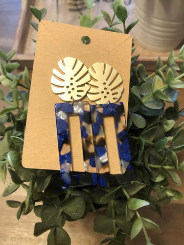 Gold Monstera and Blue Earrings