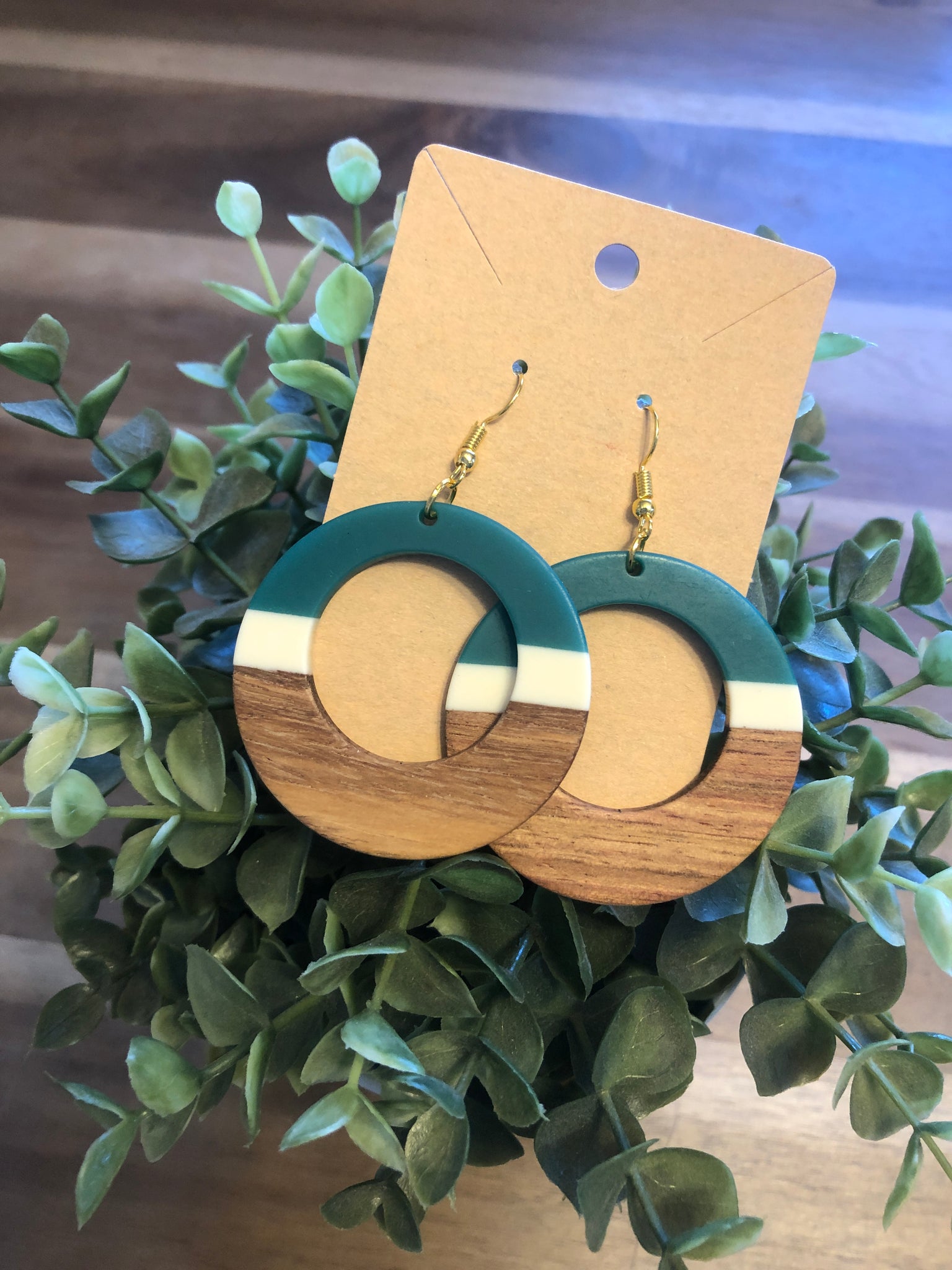 Teal and Beige Wooden Earrings